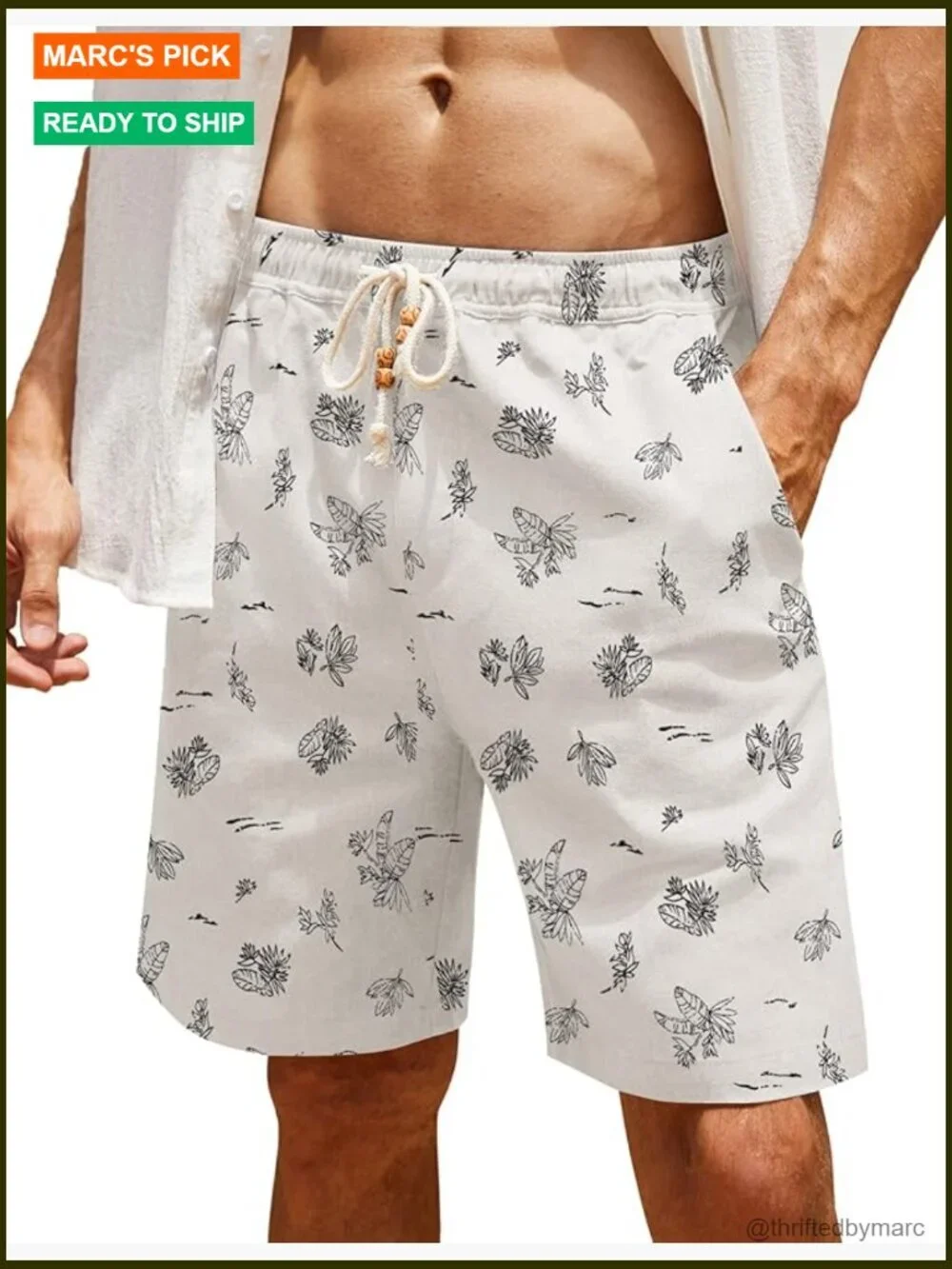 Men's Linen Elastic Waist Shorts, Casual Summer Beach Drawstring